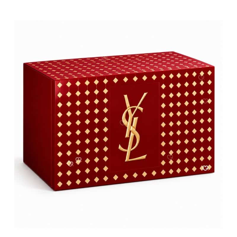 YSL Beauty Adventskalender 2026, geschlossene kirschrot-goldene Schmuckschatulle mit Cassandre-Monogramm