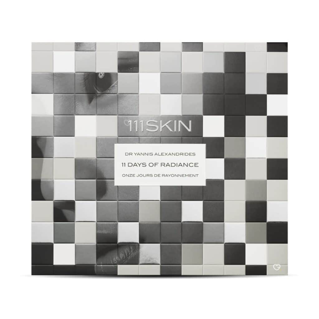 111Skin Adventskalender 2026 11 Days of Radiance, silberne Metallbox im Mosaik-Design
