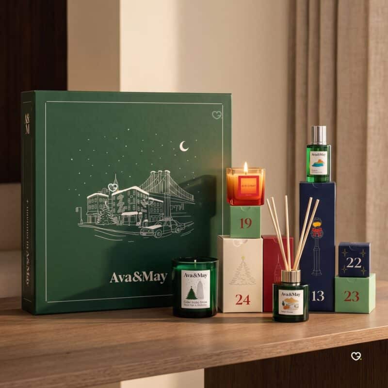 Ava & May Adventskalender 2026 mit Kerzen, Diffuser und nummerierten Türchen in Szene gesetzt