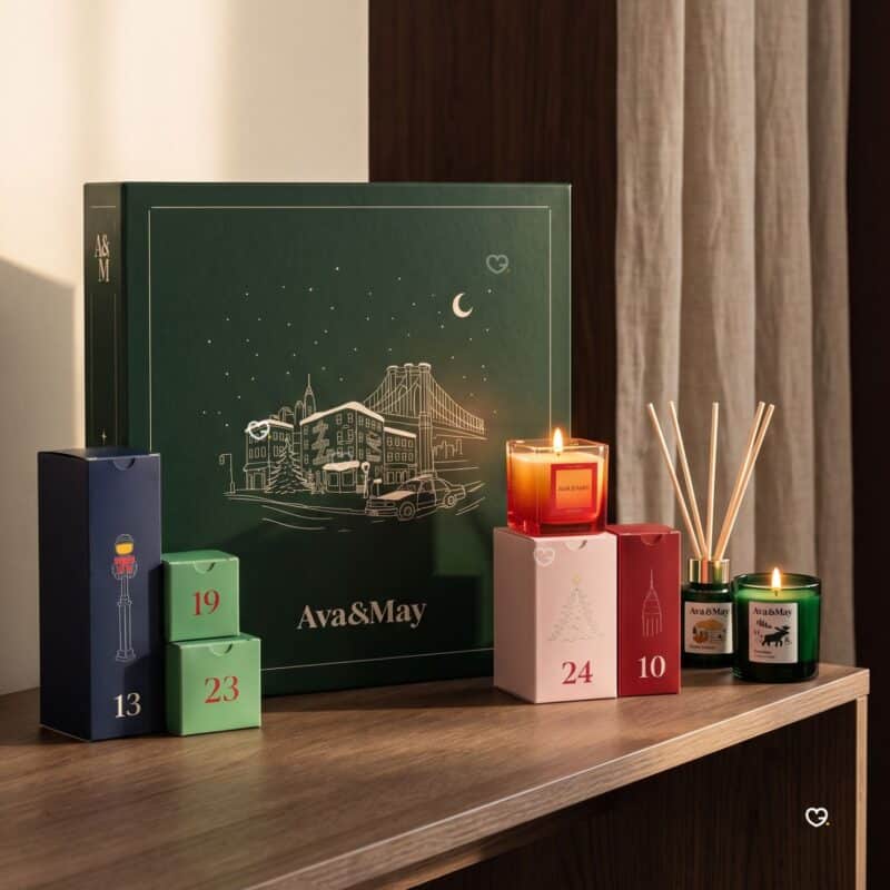 Ava & May Adventskalender 2026 mit brennender Duftkerze und Mini-Diffuser auf einer Kommode