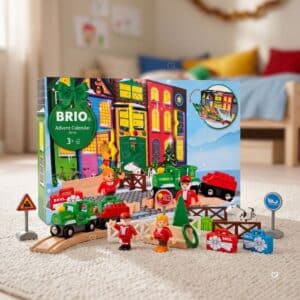 Brio Adventskalender 2026 im Kinderzimmer mit aufgebautem Weihnachtsdorf