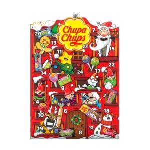 Chupa Chups Adventskalender 2026 Vorderseite, roter 50 cm Aufsteller mit 24 Türchen