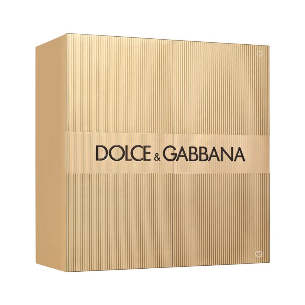 Dolce & Gabbana Adventskalender 2026, geschlossene goldene Schachtel vor weißem Hintergrund