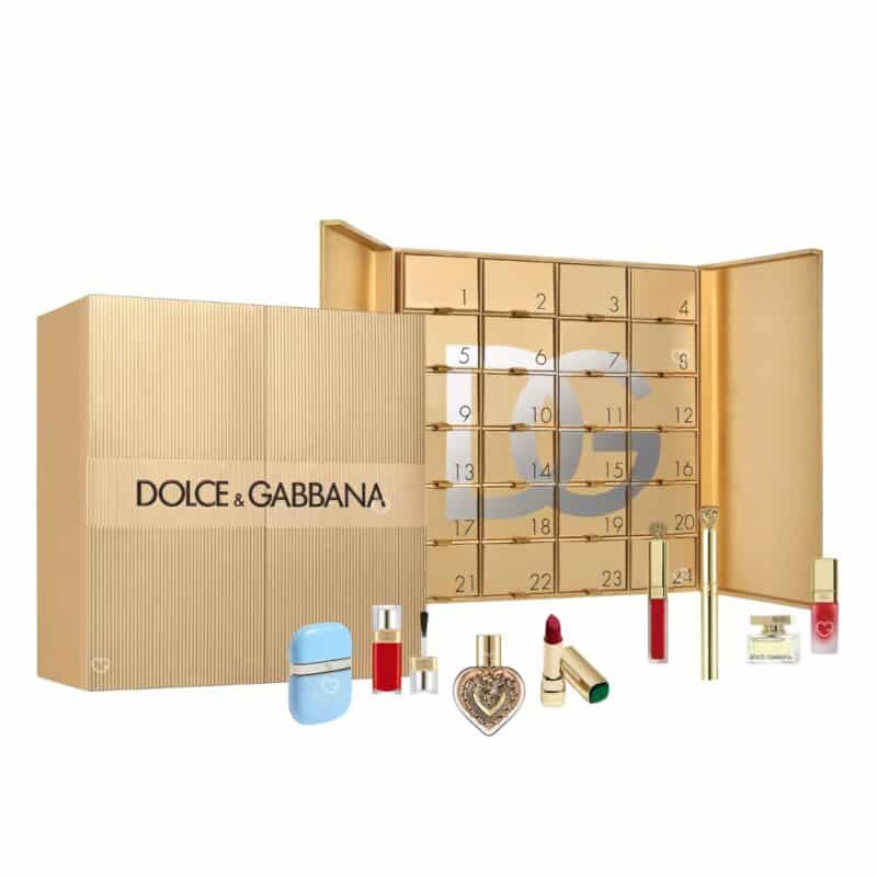 Dolce & Gabbana Adventskalender 2026 für Frauen, Box, geöffneter Kalender und alle 24 Produkte