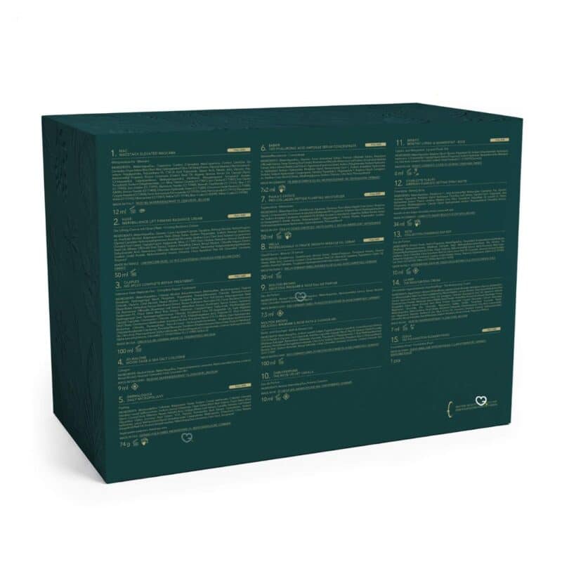 Douglas Luxury Adventskalender 2026 Rückseite der Box mit detaillierter Inhaltsliste