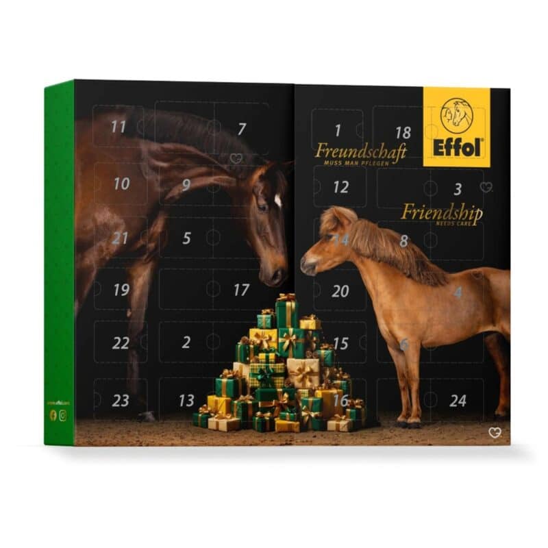 Effol Adventskalender 2026 aufgestellt, schwarze Box mit Pferd, Pony und Geschenkstapel, Türchen 1 bis 24