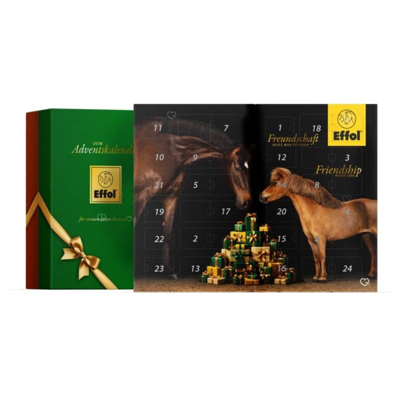 Effol Adventskalender 2026 geöffnet neben der grünen Verpackung mit Pferd- und Pony-Motiv