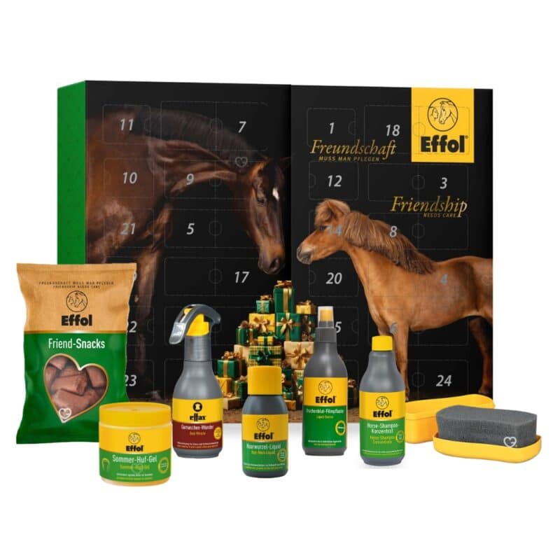 Effol Adventskalender 2026 mit Effol und effax Pflegeprodukten und Friend-Snacks für Pferd und Reiter