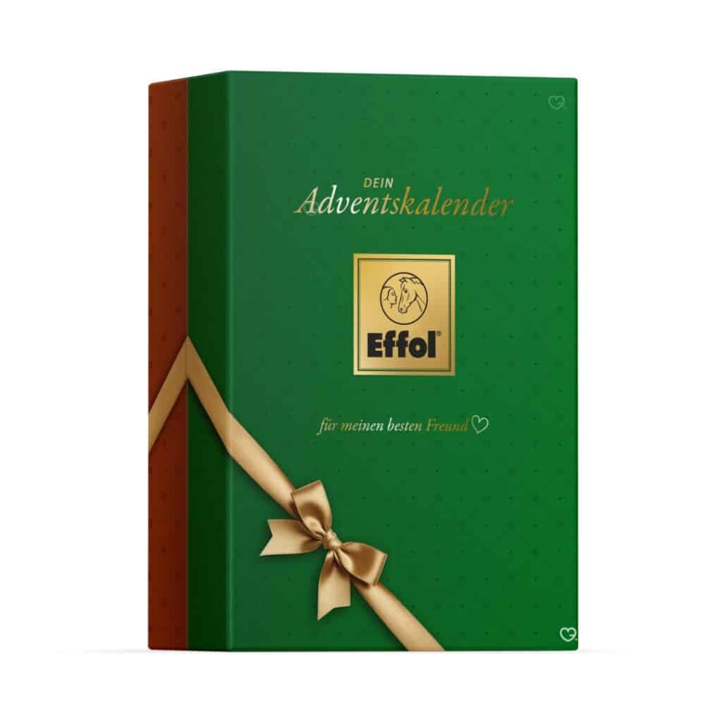 Effol Adventskalender 2026 Verpackung, grüne Geschenkbox mit goldener Schleife und Effol-Logo