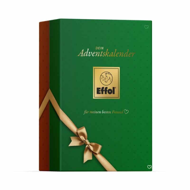 Effol Adventskalender 2026 Verpackung, grüne Geschenkbox mit goldener Schleife und Effol-Logo