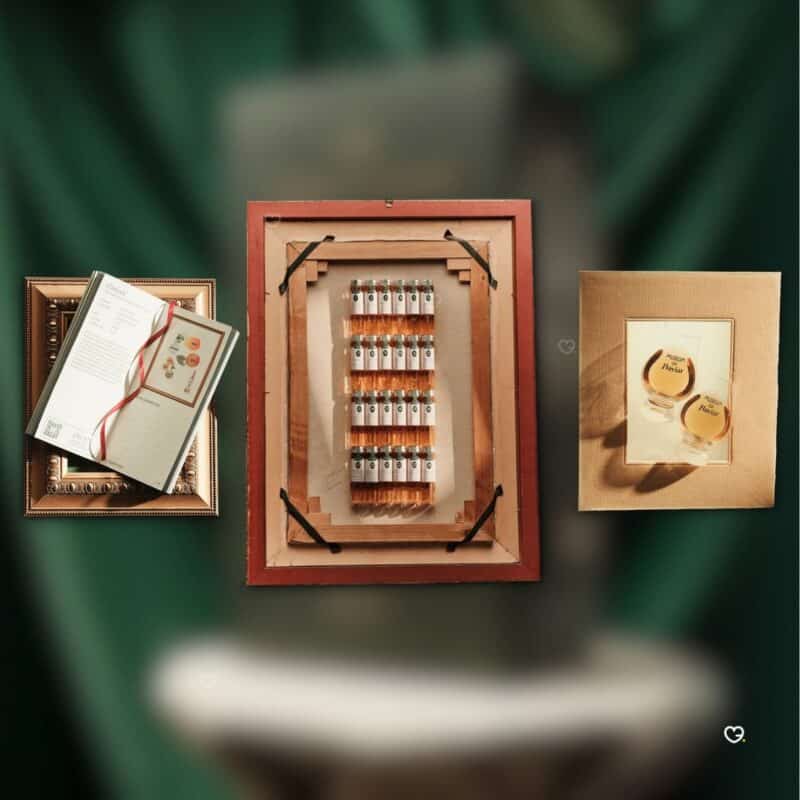 Flaviar Adventskalender 2026, geöffnete Box mit Innenaufteilung im Museumsrahmen-Design