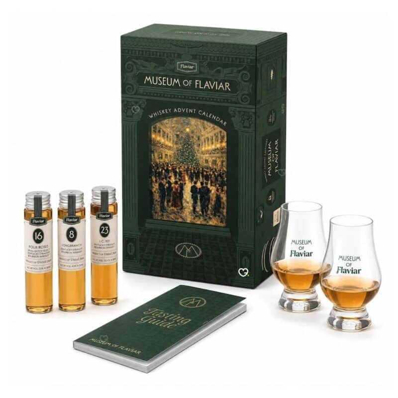 Flaviar Adventskalender 2026, drei Proben, Verkostungsheft und zwei Glencairn-Gläser als Packshot