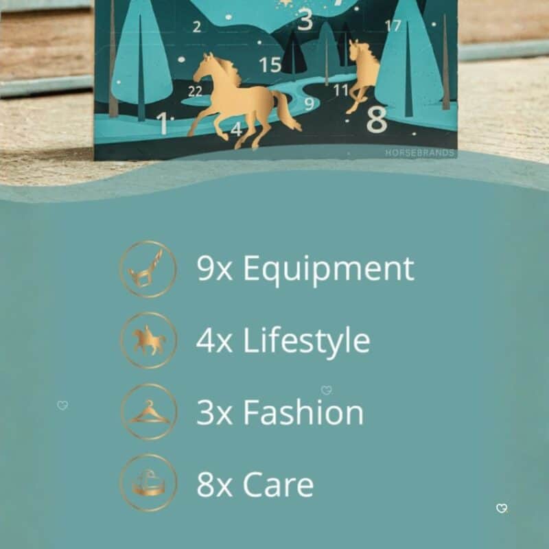 Infografik Aufteilung Horsebrands Adventskalender 2026: 9x Equipment, 8x Pflege, 4x Lifestyle, 3x Fashion