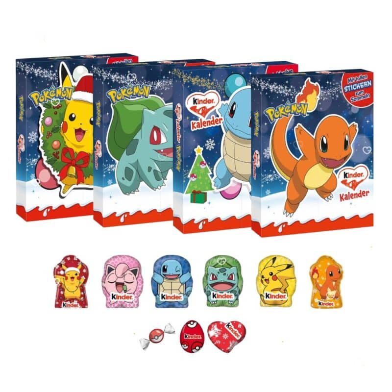 kinder Pokémon Adventskalender 2026, die vier Motive Pikachu, Glumanda, Schiggy und Bisasam nebeneinander