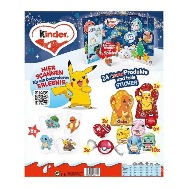 kinder Pokémon Adventskalender 2026, Rückseite mit QR-Code und Inhaltsangabe