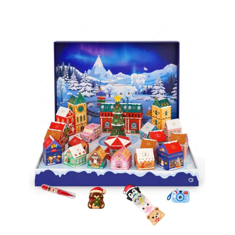 Legami Adventskalender 2026 Dream Peaks mit Storyteller-Kamera, löschbarem Stift und Squishies im Vordergrund