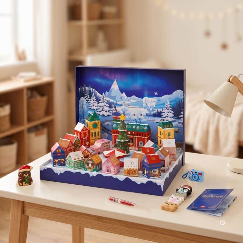 Legami Adventskalender 2026 Dream Peaks aufgebaut auf einem Schreibtisch im Kinderzimmer