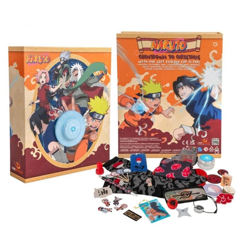 Naruto Rasengan Adventskalender 2026, Box von vorne und hinten mit ausgepacktem Inhalt