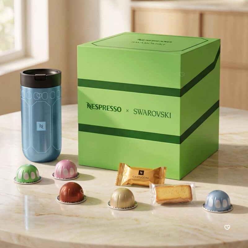 Grüne Vertuo-Variante des Nespresso Adventskalender 2026 mit Reisebecher und Kapseln