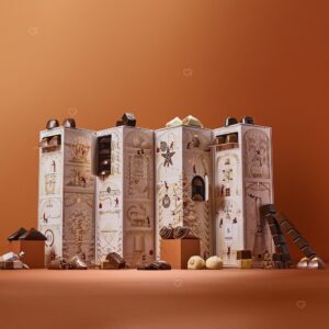 Neuhaus Adventskalender zum Teilen 2026, geöffnet mit 74 belgischen Pralinen vor terracottafarbenem Hintergrund