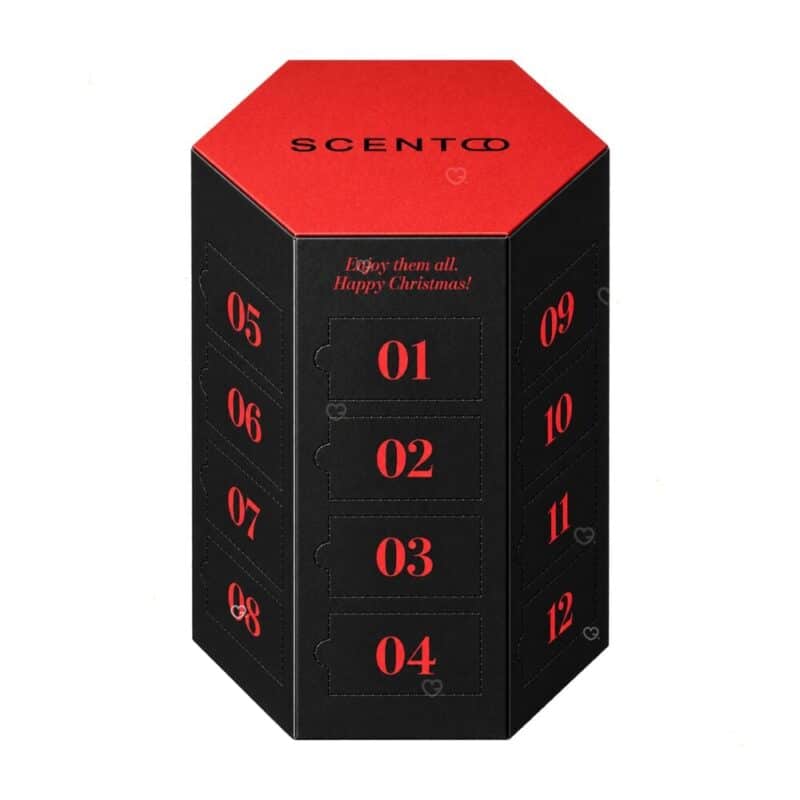 Scento Adventskalender 2026 Parfum Adventskalender geschlossene Schachtel mit rotem Deckel auf weißem Hintergrund