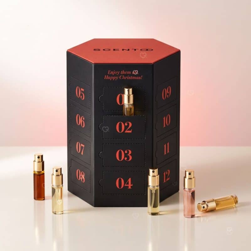 Scento Duft Adventskalender 2026 schwarze Edition mit geöffnetem Türchen 01 und Decants ringsum