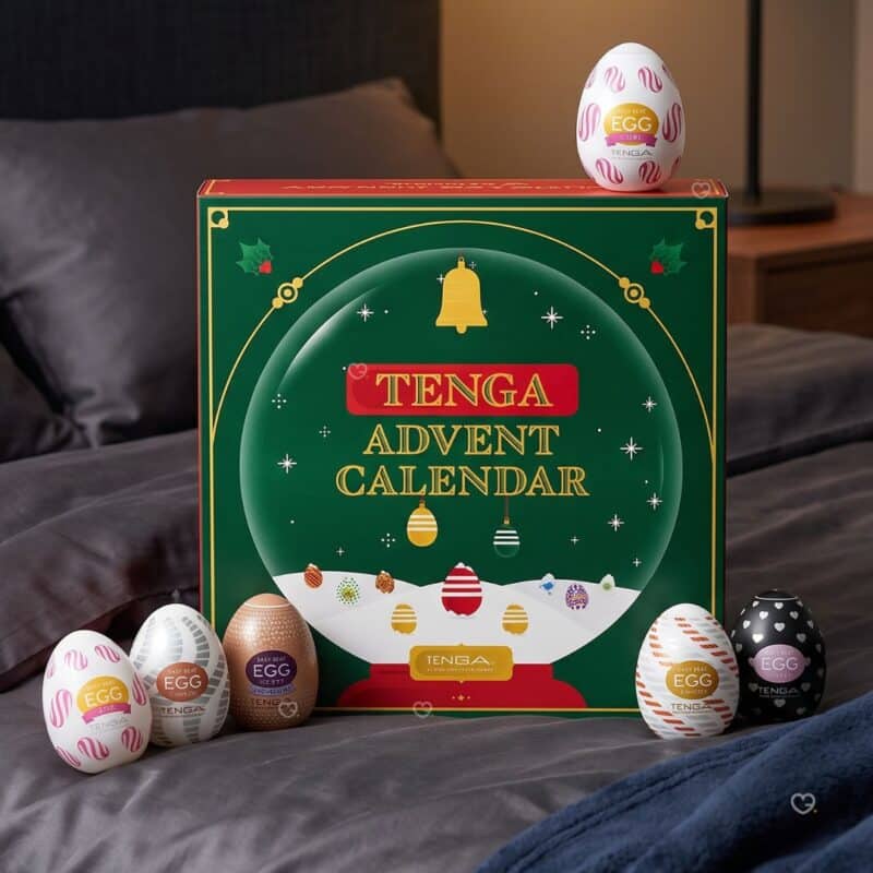 Tenga Adventskalender 2026 mit sechs Tenga Eggs im Schlafzimmer