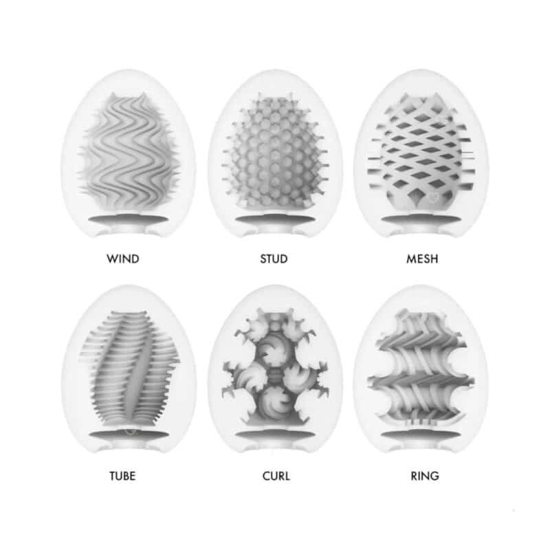 Innentexturen von sechs Tenga Eggs aus dem Tenga Adventskalender 2026