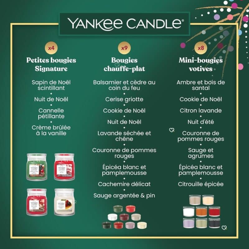 Duftliste des Yankee Candle Baum Adventskalenders 2026 mit Signature-Kerzen, Teelichtern und Votivkerzen